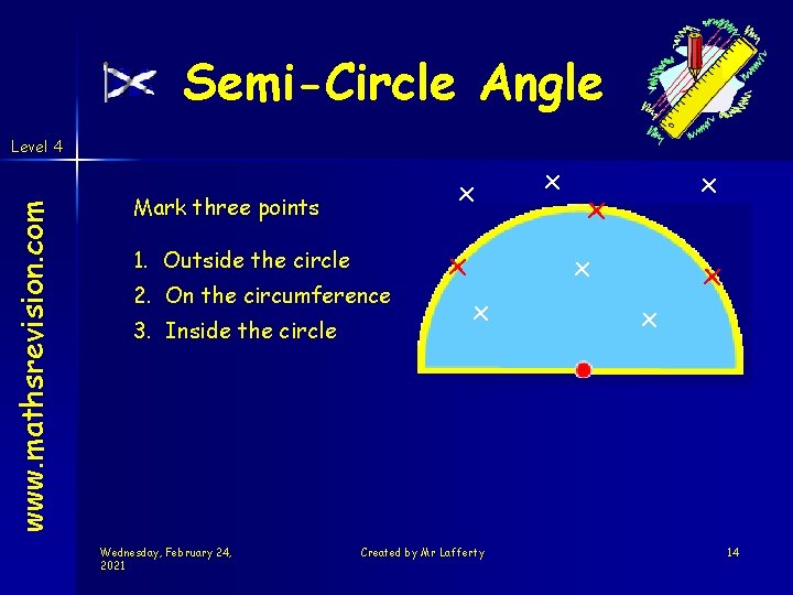 Semi-Circle Angle www. mathsrevision. com Level 4 x Mark three points 1. 2. Outside