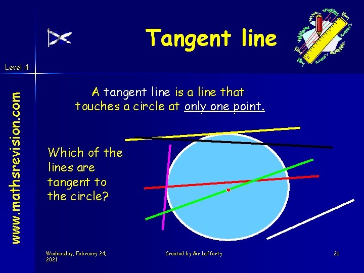 Tangent line www. mathsrevision. com Level 4 A tangent line is a line that