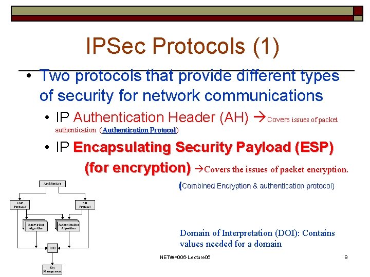IPSec Protocols (1) • Two protocols that provide different types of security for network