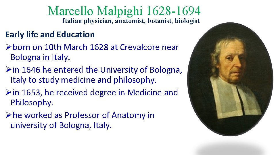 Marcello Malpighi 1628 -1694 Italian physician, anatomist, botanist, biologist Early life and Education Øborn
