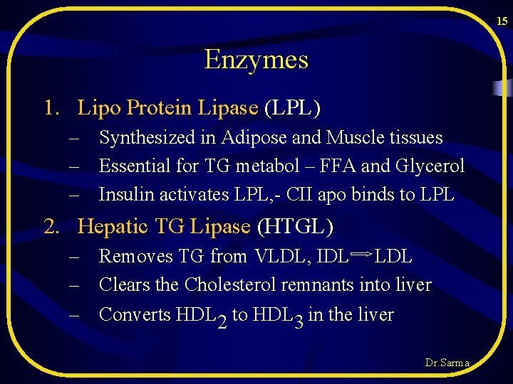 15 Enzymes 1. Lipo Protein Lipase (LPL) – Synthesized in Adipose and Muscle tissues 15 Enzymes 1. Lipo Protein Lipase (LPL) – Synthesized in Adipose and Muscle tissues