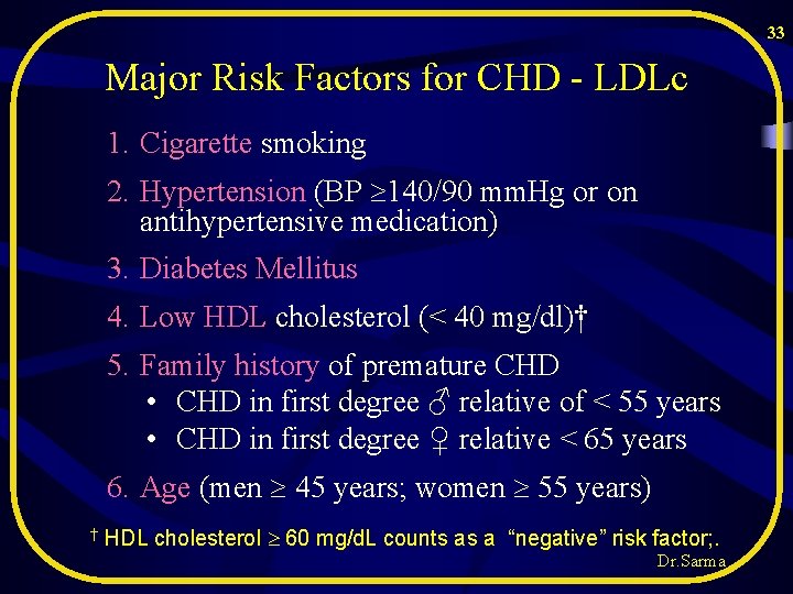 33 Major Risk Factors for CHD - LDLc 1. Cigarette smoking 2. Hypertension (BP 33 Major Risk Factors for CHD - LDLc 1. Cigarette smoking 2. Hypertension (BP