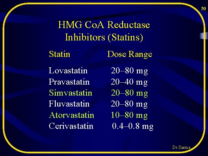50 HMG Co. A Reductase Inhibitors (Statins) Statin Lovastatin Pravastatin Simvastatin Fluvastatin Atorvastatin Cerivastatin 50 HMG Co. A Reductase Inhibitors (Statins) Statin Lovastatin Pravastatin Simvastatin Fluvastatin Atorvastatin Cerivastatin