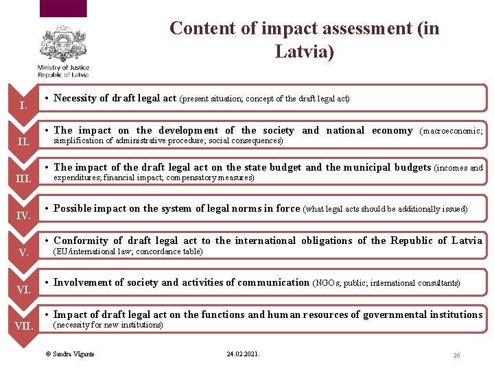 Content of impact assessment (in Latvia) I. III. IV. V. VII. • Necessity of