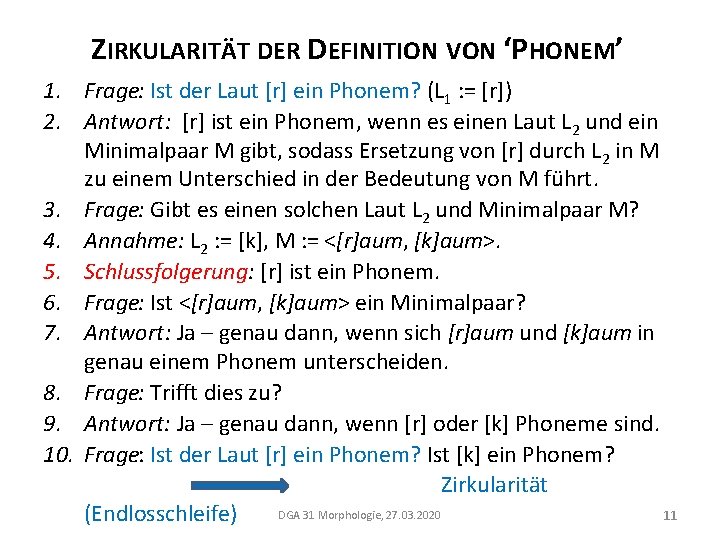 ZIRKULARITÄT DER DEFINITION VON ‘PHONEM’ 1. Frage: Ist der Laut [r] ein Phonem? (L