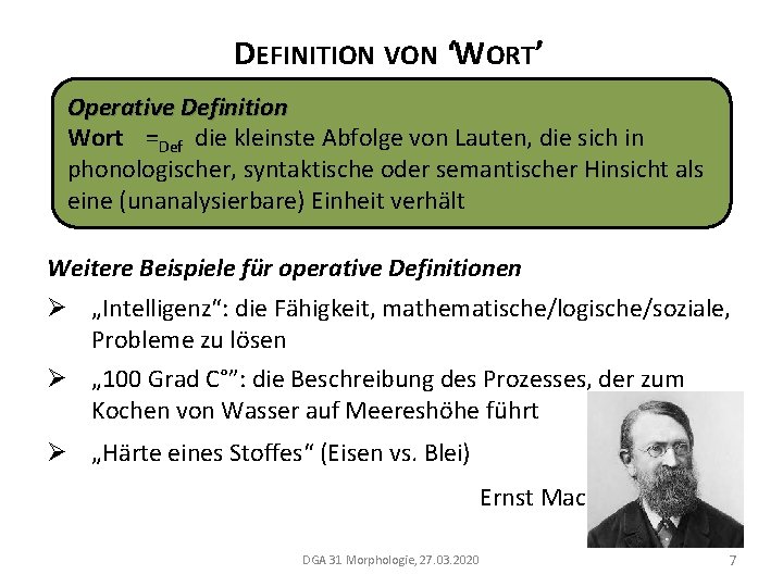 DEFINITION VON ‘WORT’ Operative Definition Wort =Def die kleinste Abfolge von Lauten, die sich