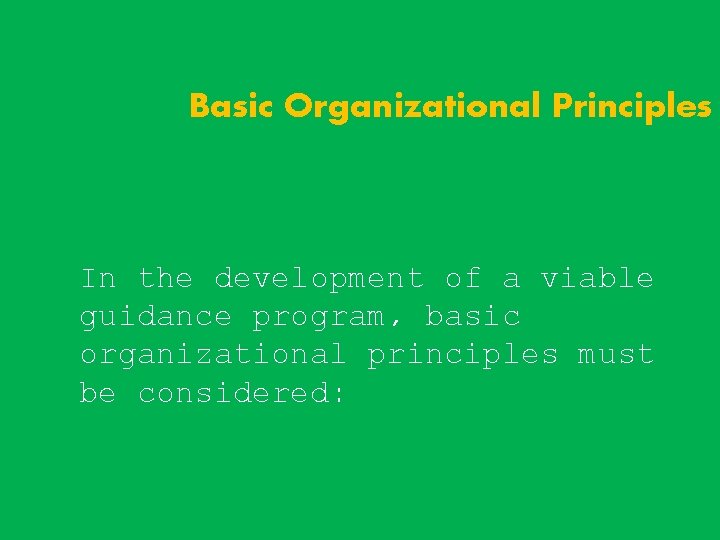 Basic Organizational Principles In the development of a viable guidance program, basic organizational principles Basic Organizational Principles In the development of a viable guidance program, basic organizational principles