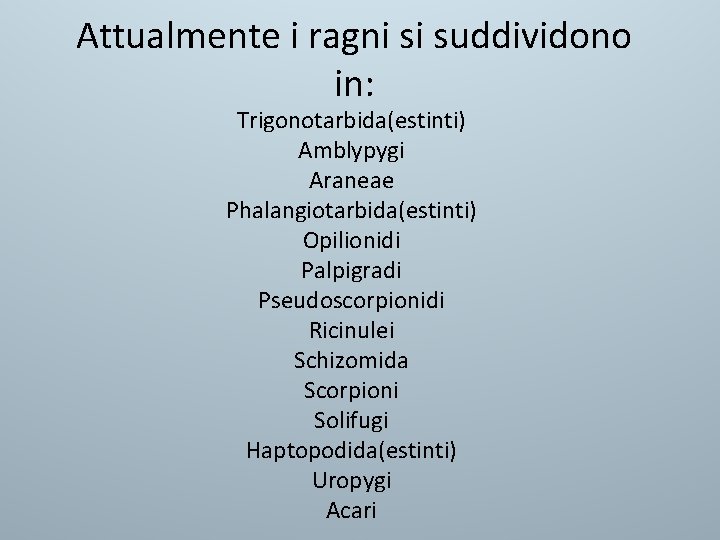 Attualmente i ragni si suddividono in: Trigonotarbida(estinti) Amblypygi Araneae Phalangiotarbida(estinti) Opilionidi Palpigradi Pseudoscorpionidi Ricinulei Attualmente i ragni si suddividono in: Trigonotarbida(estinti) Amblypygi Araneae Phalangiotarbida(estinti) Opilionidi Palpigradi Pseudoscorpionidi Ricinulei
