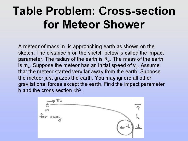 Table Problem: Cross-section for Meteor Shower A meteor of mass m is approaching earth