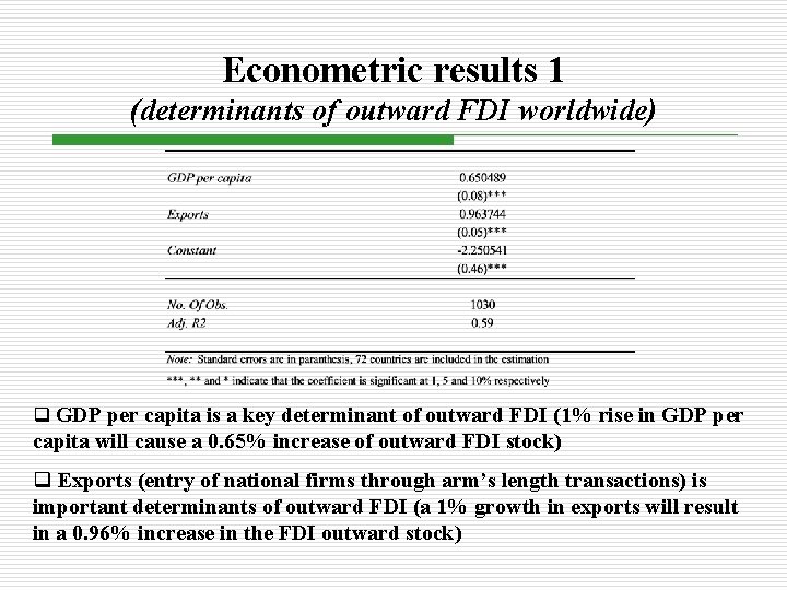 Econometric results 1 (determinants of outward FDI worldwide) q GDP per capita is a