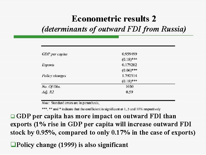 Econometric results 2 (determinants of outward FDI from Russia) q GDP per capita has