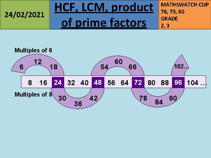 HCF, LCM, product of prime factors 24/02/2021 MATHSWATCH CLIP 78, 79, 80 GRADE 2,