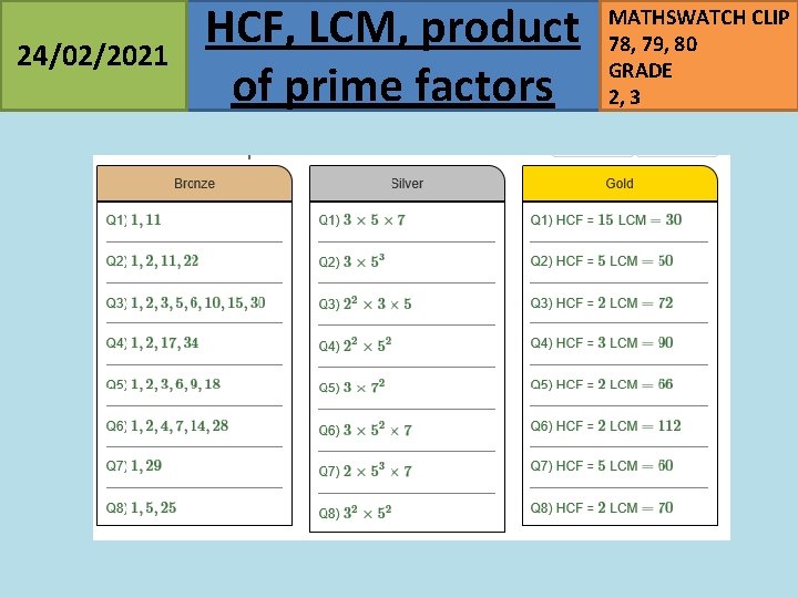 24/02/2021 HCF, LCM, product of prime factors MATHSWATCH CLIP 78, 79, 80 GRADE 2,