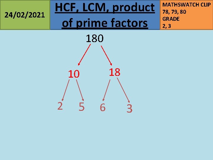 24/02/2021 HCF, LCM, product of prime factors 180 18 10 2 5 6 3