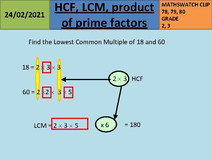 24/02/2021 HCF, LCM, product of prime factors MATHSWATCH CLIP 78, 79, 80 GRADE 2,