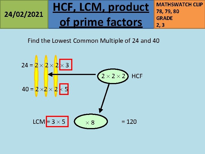 24/02/2021 HCF, LCM, product of prime factors MATHSWATCH CLIP 78, 79, 80 GRADE 2,