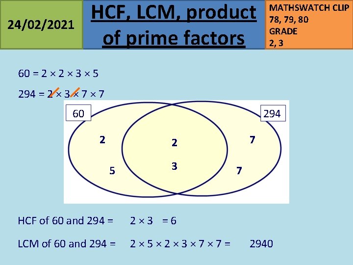 24/02/2021 HCF, LCM, product of prime factors MATHSWATCH CLIP 78, 79, 80 GRADE 2,