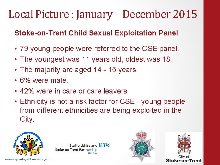 Local Picture : January – December 2015 Stoke-on-Trent Child Sexual Exploitation Panel • •
