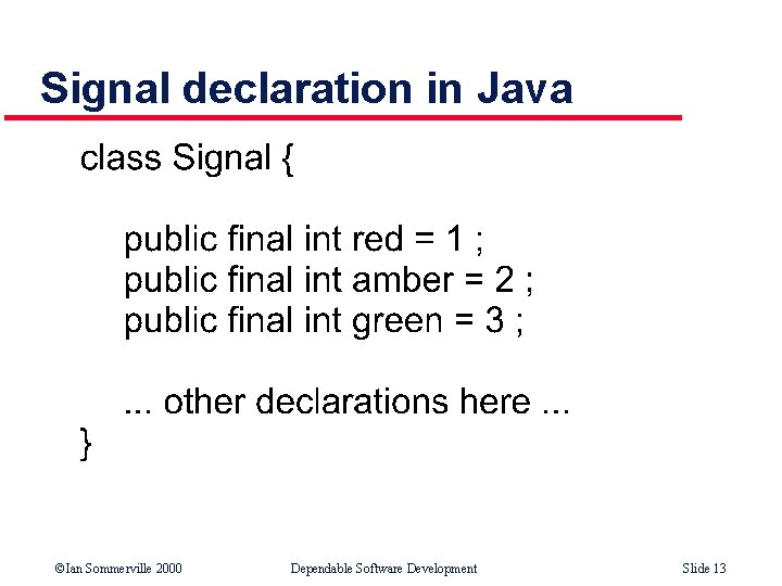 Signal declaration in Java ©Ian Sommerville 2000 Dependable Software Development Slide 13 