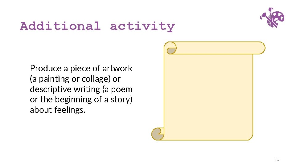 Additional activity Produce a piece of artwork (a painting or collage) or descriptive writing