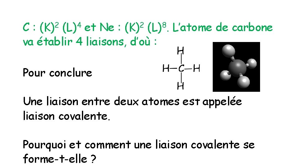 C : (K)2 (L)4 et Ne : (K)2 (L)8. L’atome de carbone va établir