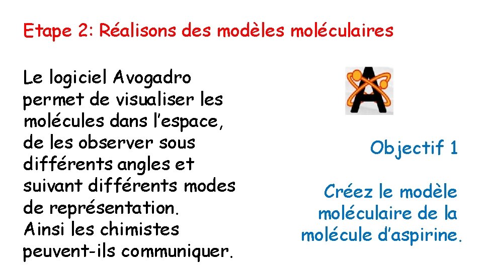 Etape 2: Réalisons des modèles moléculaires Le logiciel Avogadro permet de visualiser les molécules