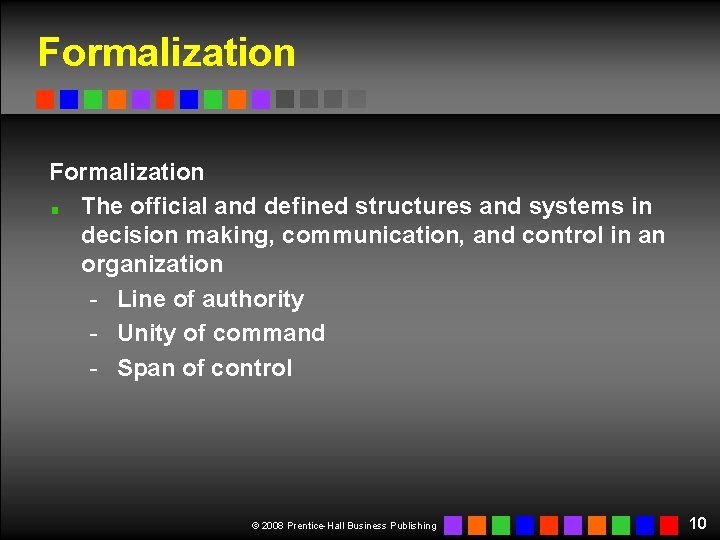 Formalization The official and defined structures and systems in decision making, communication, and control Formalization The official and defined structures and systems in decision making, communication, and control