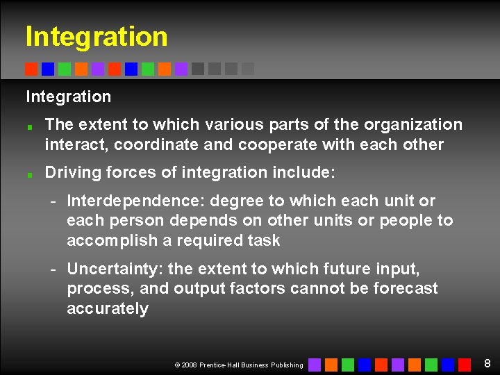Integration The extent to which various parts of the organization interact, coordinate and cooperate Integration The extent to which various parts of the organization interact, coordinate and cooperate