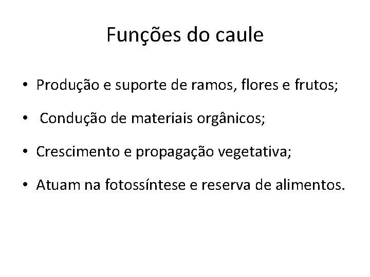 Funções do caule • Produção e suporte de ramos, flores e frutos; • Condução