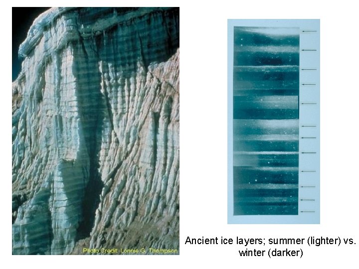 Ancient ice layers; summer (lighter) vs. winter (darker) Ancient ice layers; summer (lighter) vs. winter (darker)