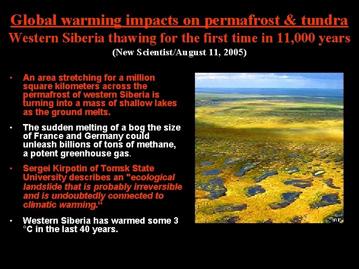 Global warming impacts on permafrost & tundra Western Siberia thawing for the first time Global warming impacts on permafrost & tundra Western Siberia thawing for the first time