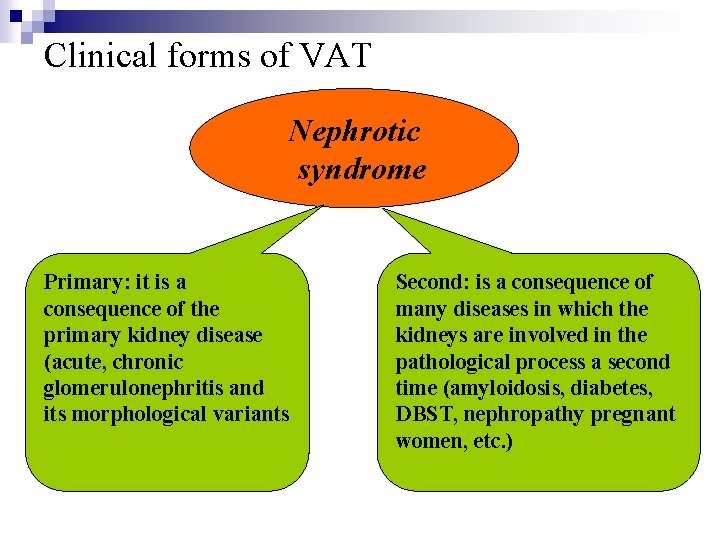 Clinical forms of VAT Nephrotic syndrome Primary: it is a consequence of the primary