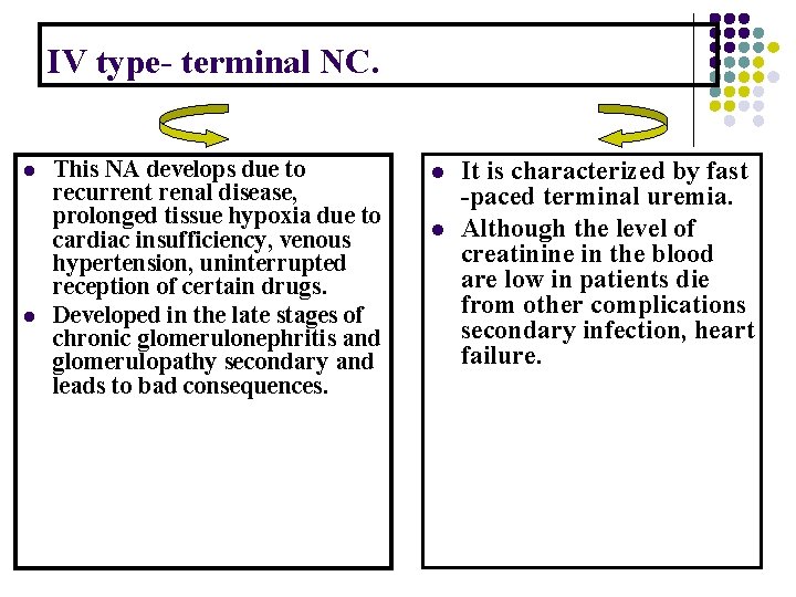 IV type- terminal NC. l l This NA develops due to recurrent renal disease,