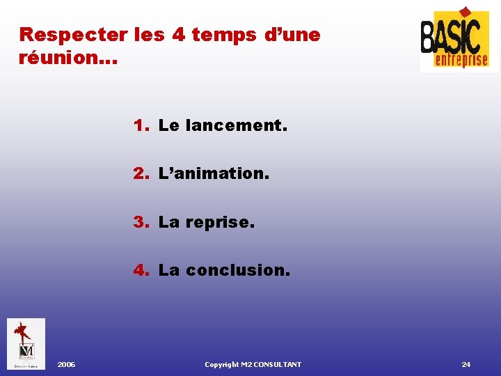 Respecter les 4 temps d’une réunion… 1. Le lancement. 2. L’animation. 3. La reprise.