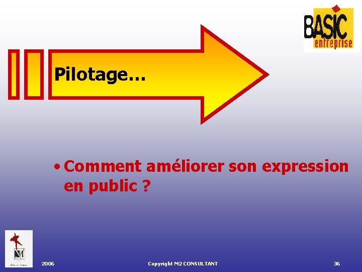 Pilotage… • Comment améliorer son expression en public ? 2006 Copyright M 2 CONSULTANT