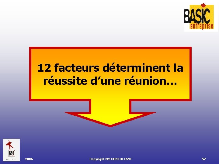 12 facteurs déterminent la réussite d’une réunion… 2006 Copyright M 2 CONSULTANT 52 