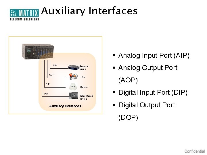 Auxiliary Interfaces § Analog Input Port (AIP) AIP AOP External Music PAS DIP §