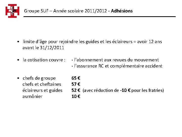 Groupe SUF – Année scolaire 2011/2012 - Adhésions • limite d’âge pour rejoindre les