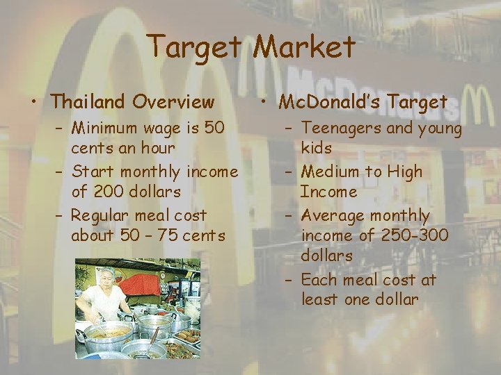 Target Market • Thailand Overview – Minimum wage is 50 cents an hour – Target Market • Thailand Overview – Minimum wage is 50 cents an hour –