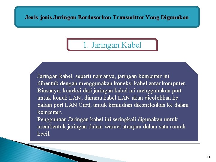 Jenis-jenis Jaringan Berdasarkan Transmitter Yang Digunakan 1. Jaringan Kabel Jaringan kabel, seperti namanya, jaringan