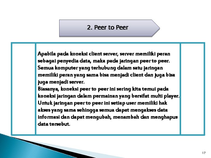 2. Peer to Peer Apabila pada koneksi client server, server memiliki peran sebagai penyedia