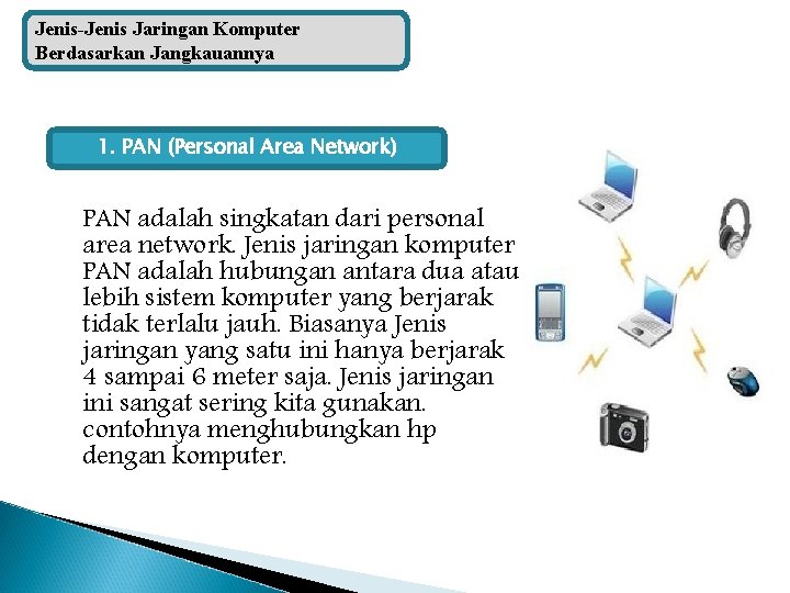 Jenis-Jenis Jaringan Komputer Berdasarkan Jangkauannya 1. PAN (Personal Area Network) PAN adalah singkatan dari