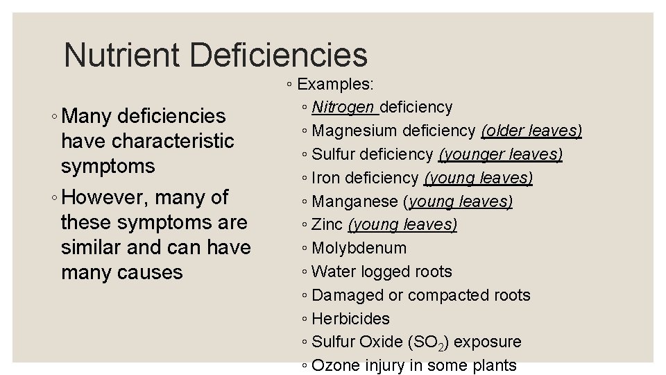 Nutrient Deficiencies ◦ Many deficiencies have characteristic symptoms ◦ However, many of these symptoms