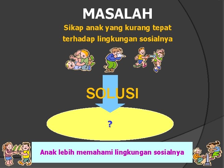 MASALAH Sikap anak yang kurang tepat terhadap lingkungan sosialnya SOLUSI ? Anak lebih memahami