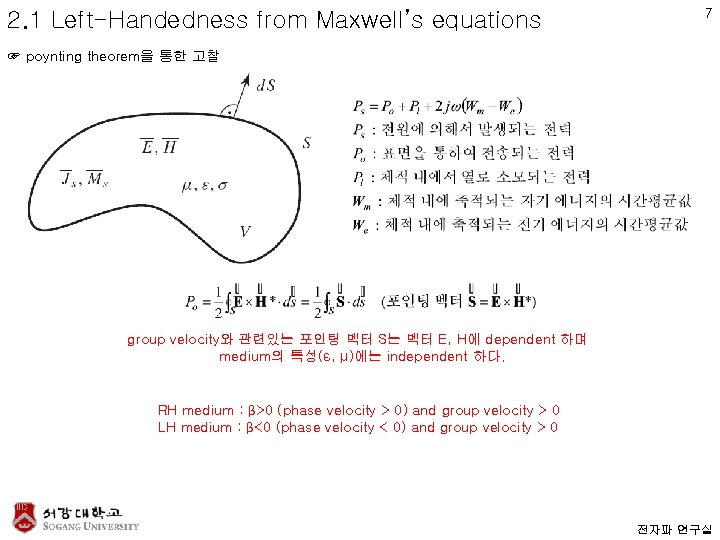 2. 1 Left-Handedness from Maxwell’s equations 7 ☞ poynting theorem을 통한 고찰 group velocity와