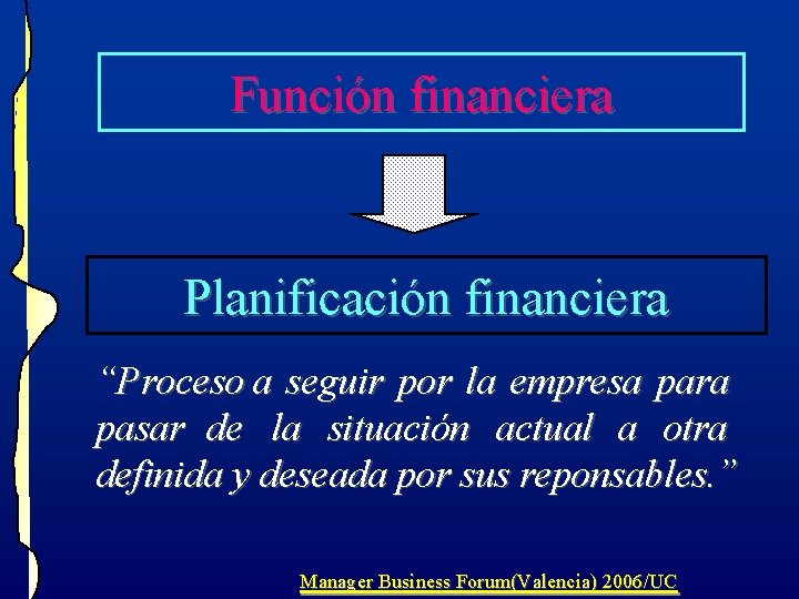 Función financiera Planificación financiera “Proceso a seguir por la empresa para pasar de la Función financiera Planificación financiera “Proceso a seguir por la empresa para pasar de la