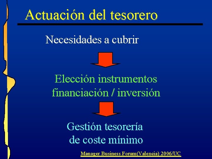 Actuación del tesorero Necesidades a cubrir Elección instrumentos financiación / inversión Gestión tesorería de Actuación del tesorero Necesidades a cubrir Elección instrumentos financiación / inversión Gestión tesorería de