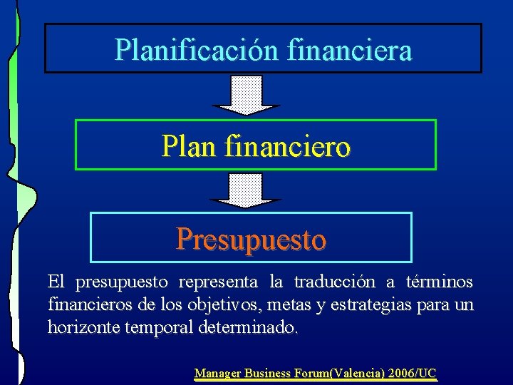 Planificación financiera Plan financiero Presupuesto El presupuesto representa la traducción a términos financieros de Planificación financiera Plan financiero Presupuesto El presupuesto representa la traducción a términos financieros de