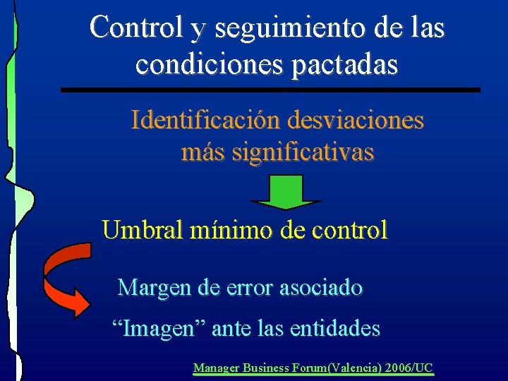 Control y seguimiento de las condiciones pactadas Identificación desviaciones más significativas Umbral mínimo de Control y seguimiento de las condiciones pactadas Identificación desviaciones más significativas Umbral mínimo de