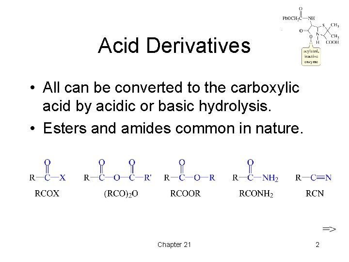 Acid Derivatives • All can be converted to the carboxylic acid by acidic or
